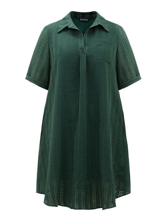 Solid Textured Pocket Tab Sleeve Arc Hem Dress