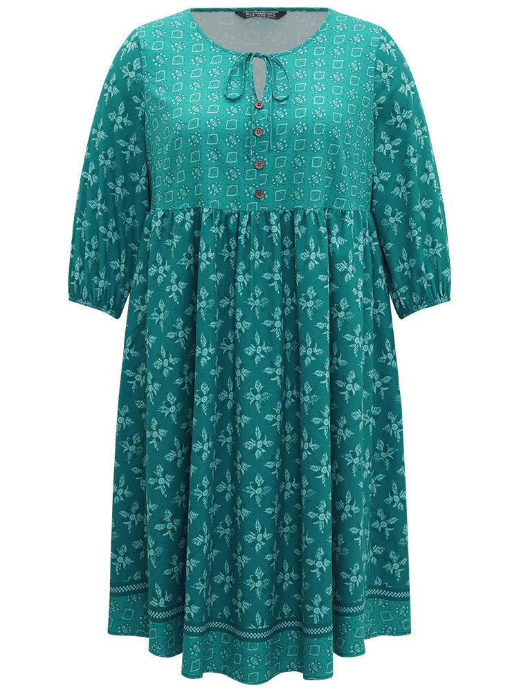 Bandana Print Tie Neck Button Detail Dress