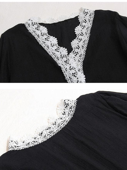 Lace Placket V-neck Blouse