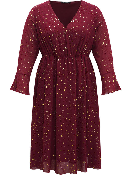 Moon & Star Glitter Surplice Neck Bell Sleeve Dress