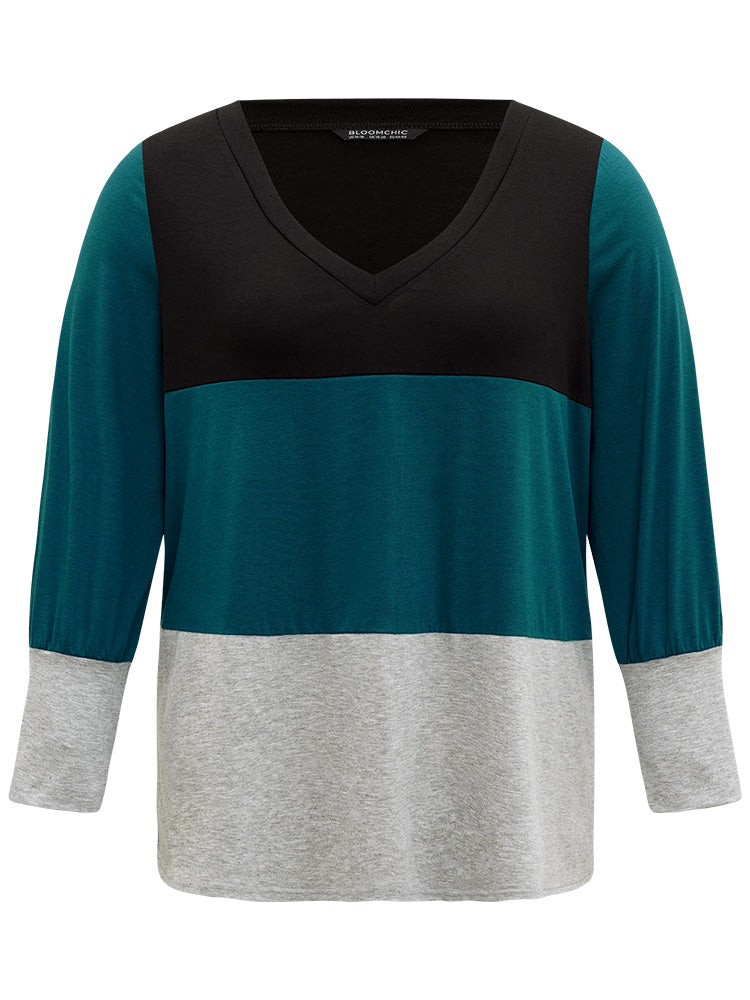 Colorblock Contrast V Neck T-shirt