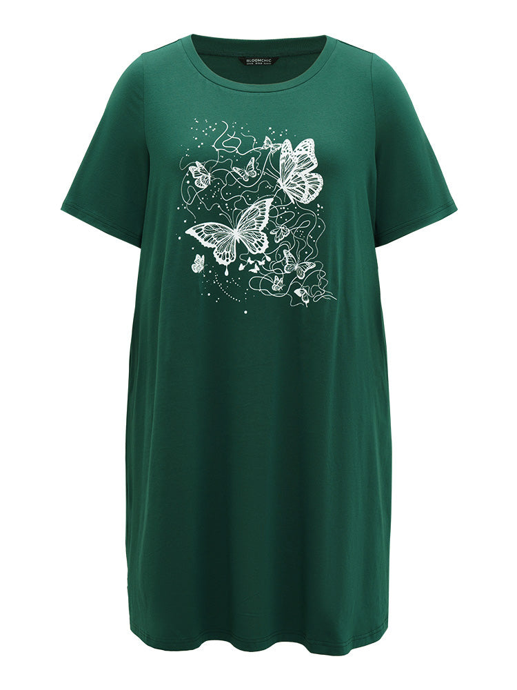 Supersoft Essentials Butterflys Print Pocket Crew Neck Dress