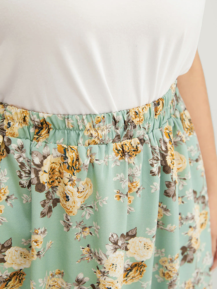 Floral Pocket Elastic Waist Flutter Hem Skirt