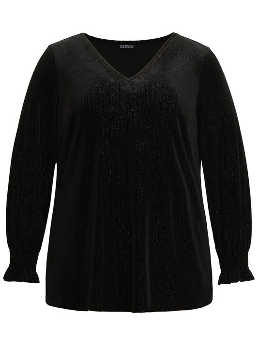 Solid Velvet Glitter Shirred Ruffles Blouse