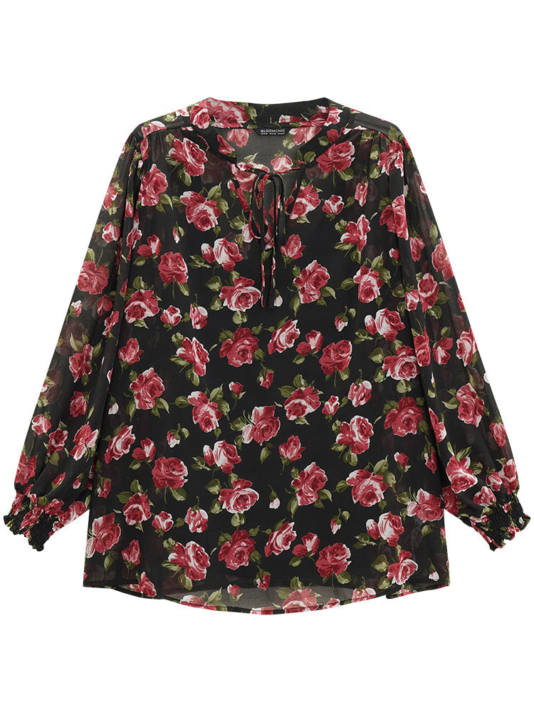 Floral Print Knot Neck Frill Trim Lantern Sleeve Blouse