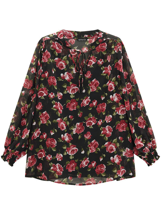 Floral Print Knot Neck Frill Trim Lantern Sleeve Blouse
