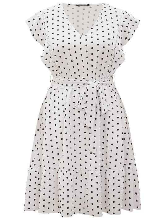 Polka Dot Belted Pocket Ruffle Cap Sleeve Dress