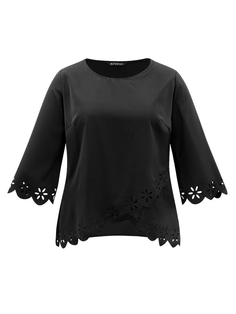 Plain Laser Cut Crew Neck Scalloped Trim Blouse