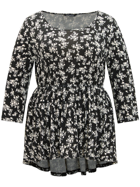 Ditsy Floral Crew Neck High Low Hem T-shirt