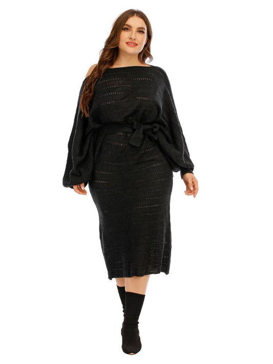 Hollow Out Lantern Sleeve Sweater Dress