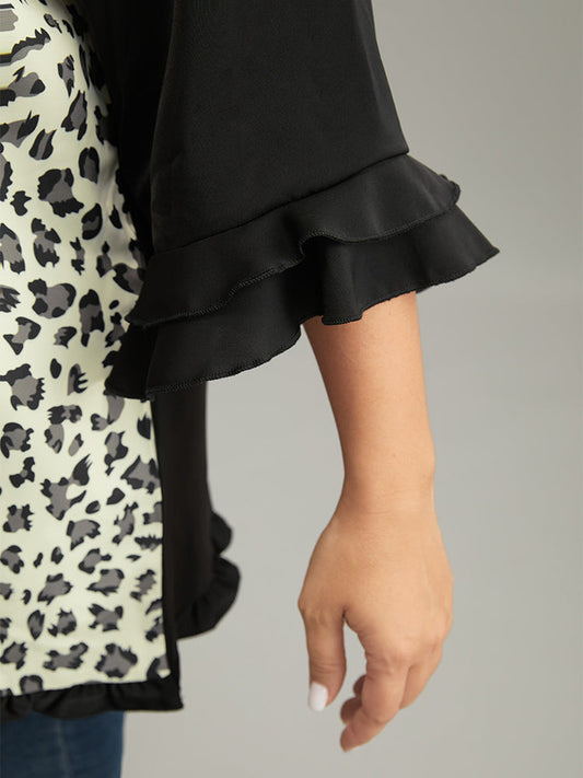 Leopard Print Patchwork Frill Trim Blouse
