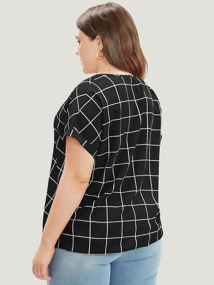 Plaid Print Dolman Sleeve Surplice Neck Blouse