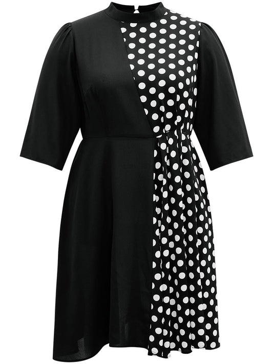 Polka Dot Patchwork Mock Neck Elastic Waist Dress
