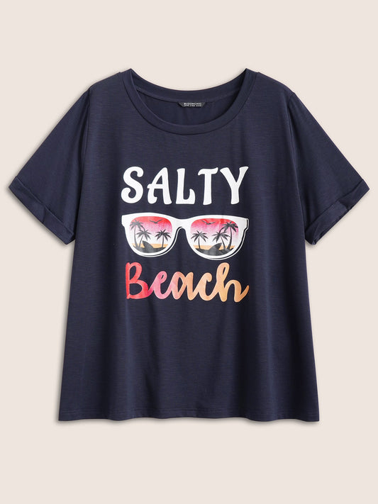 Vacation Tropical Print Round Neck T-shirt