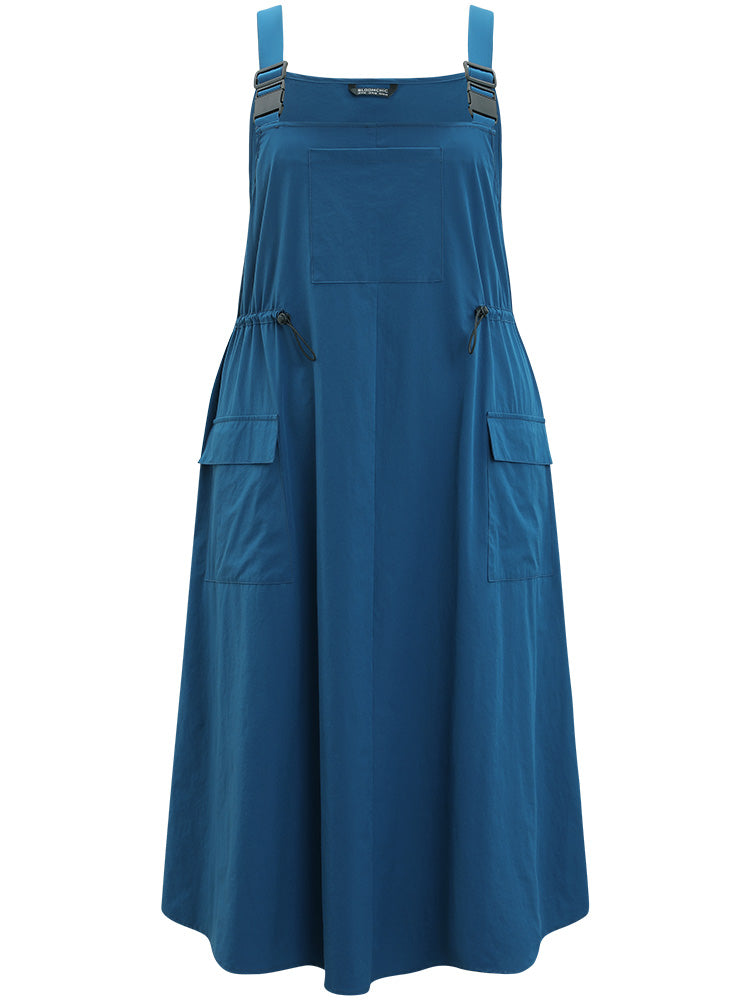 Solid Drawstring Flap Pocket Overall Cami Dress