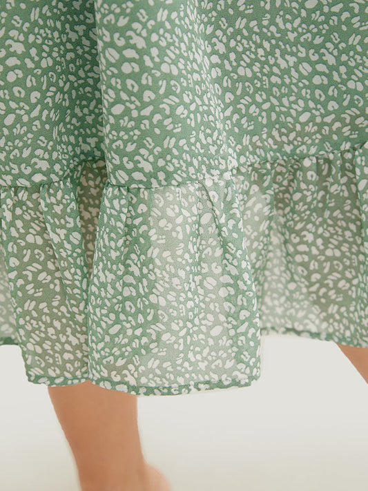 Leopard Print Pocket Mesh Square Neck Ruffle Hem Dress