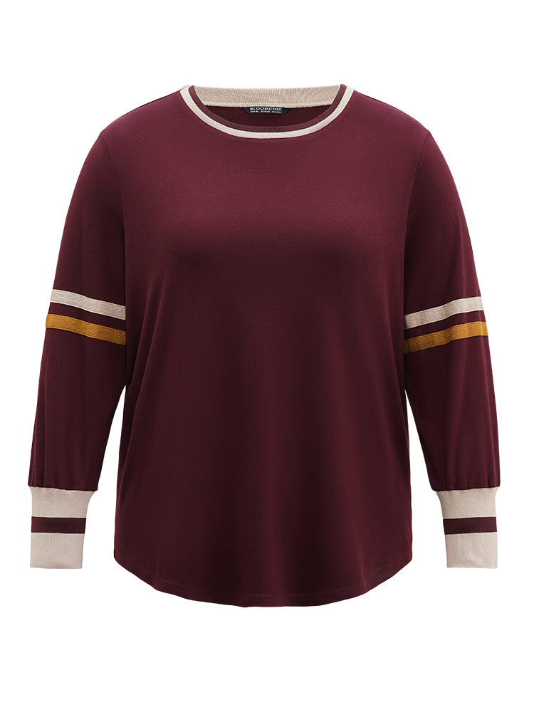 Striped Contrast Round Neck Rib Knit Sweatshirt