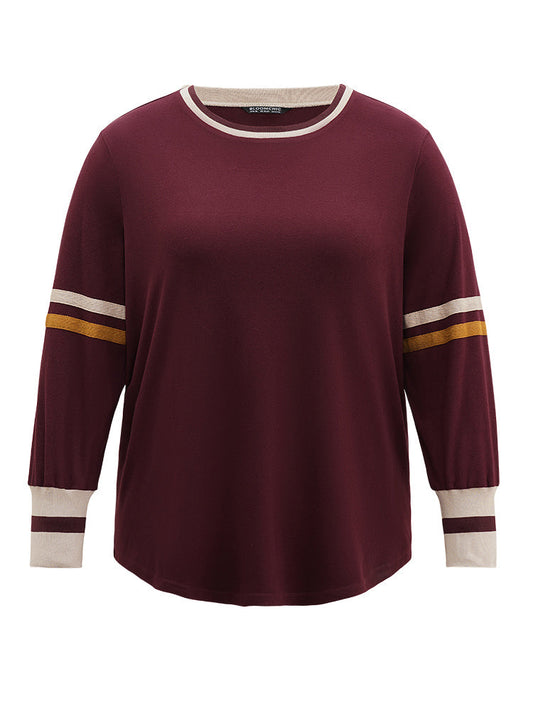 Striped Contrast Round Neck Rib Knit Sweatshirt