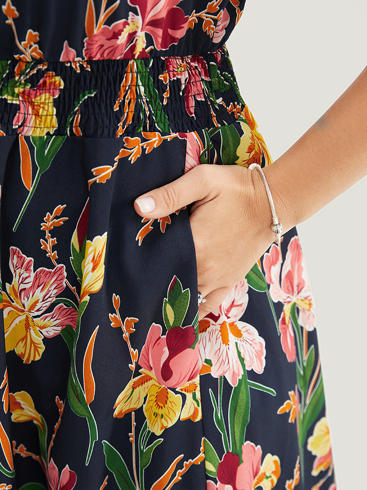 Floral Shirred Wrap Pocket Cap Sleeve Ruffle Trim Dress