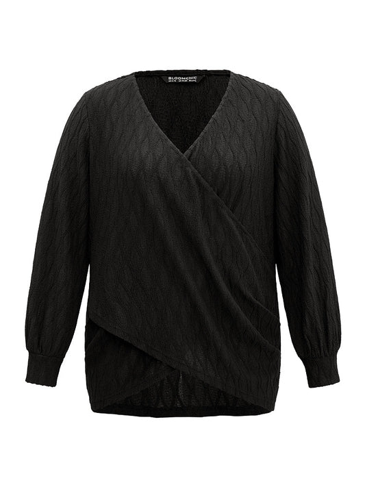 Solid Jacquard Overlap Collar Crossover Blouse