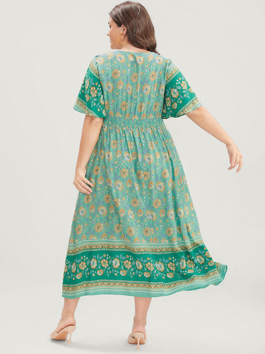 Floral Print Shirred Button Detail Ties Up Pocket Ruffles Dress