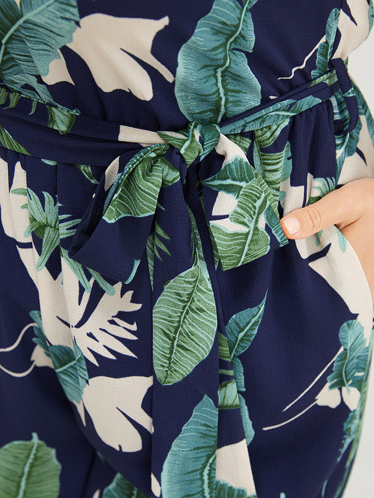 Tropical Print Pocket Spaghetti Strap Belt Jumpsuit