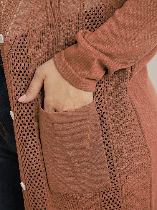 Plain Ice Rayon Yarn Eyelet Pocket Button Front Cardigan