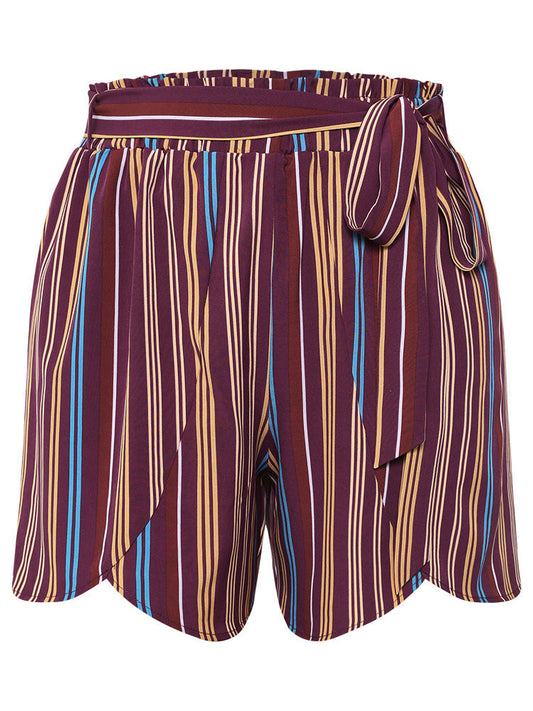 Colour Striped Print Belted Wrap Hem Shorts