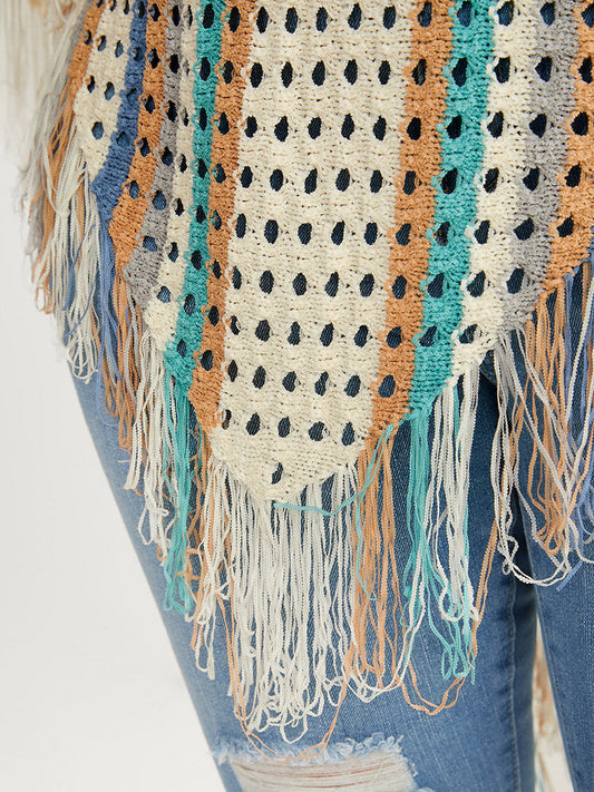 Striped Contrast Tassels Trim Cut Out Asymmetrical Hem Knit Top