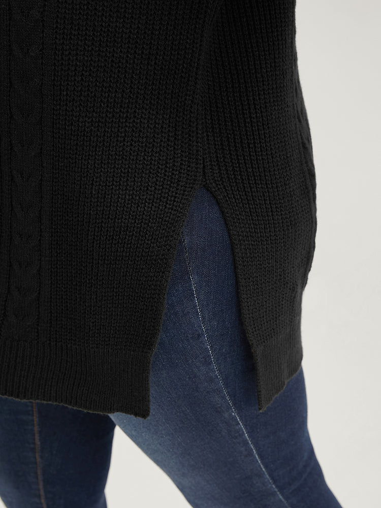 Solid Pointelle Knit Lantern Sleeve Cut Out Split Knit Top