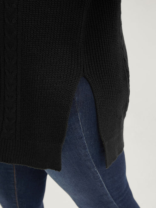 Solid Pointelle Knit Lantern Sleeve Cut Out Split Knit Top