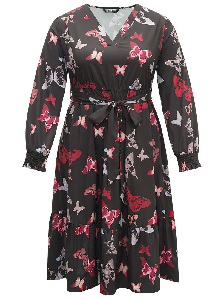 Butterfly Print Shirred Belted Layered Dress