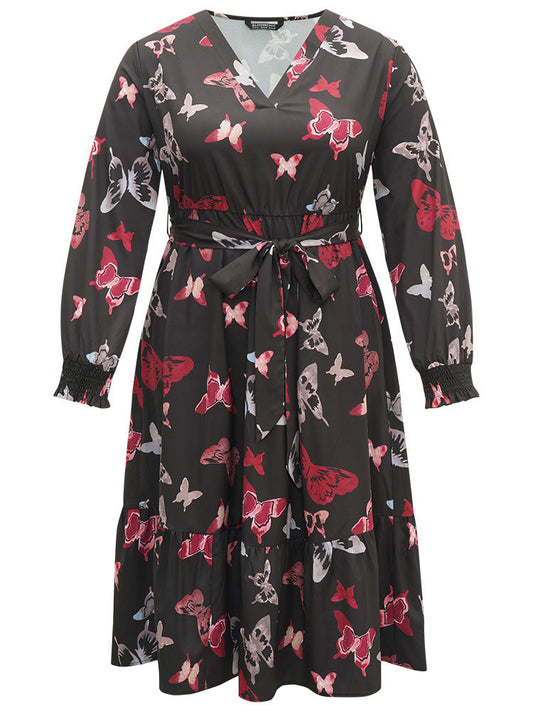 Butterfly Print Shirred Belted Layered Dress