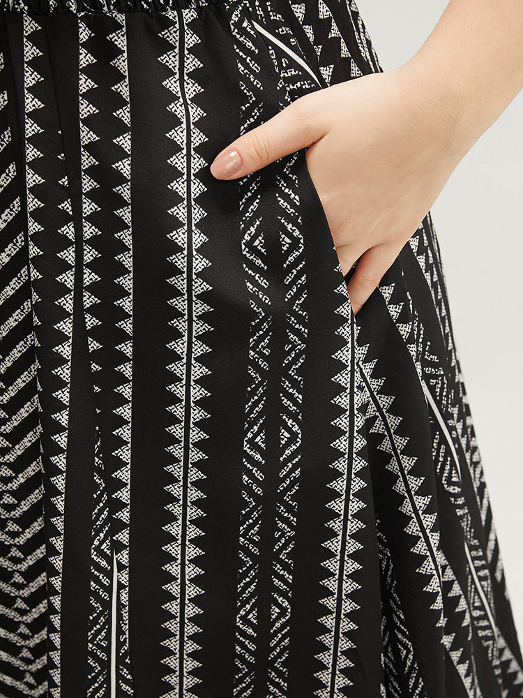 Striped Geometric Wrap Pocket Shirred Split Hem Cami Dress