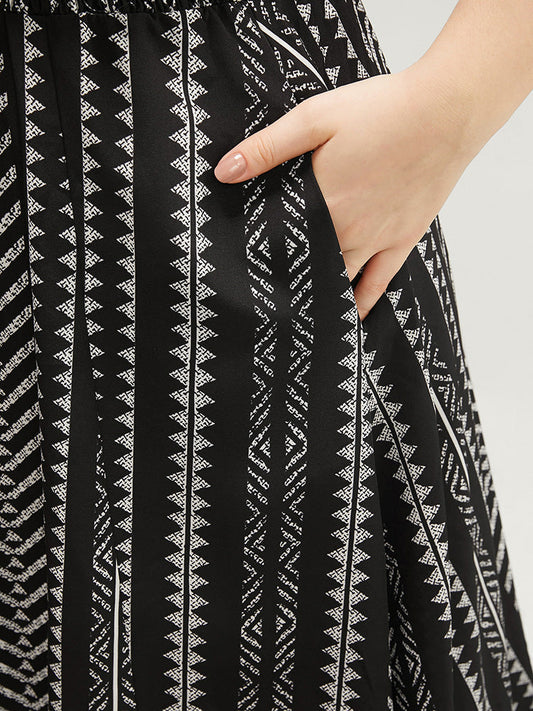 Striped Geometric Wrap Pocket Shirred Split Hem Cami Dress