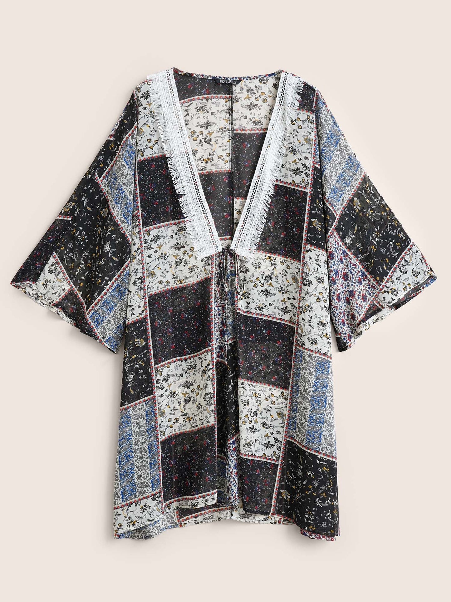 Bandana Lace Panel Ties Patchwork Mesh Kimono