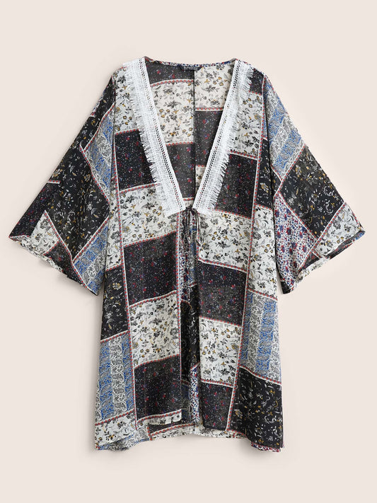 Bandana Lace Panel Ties Patchwork Mesh Kimono