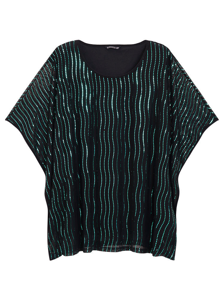 Glitter Striped Mesh Batwing Sleeve Blouse