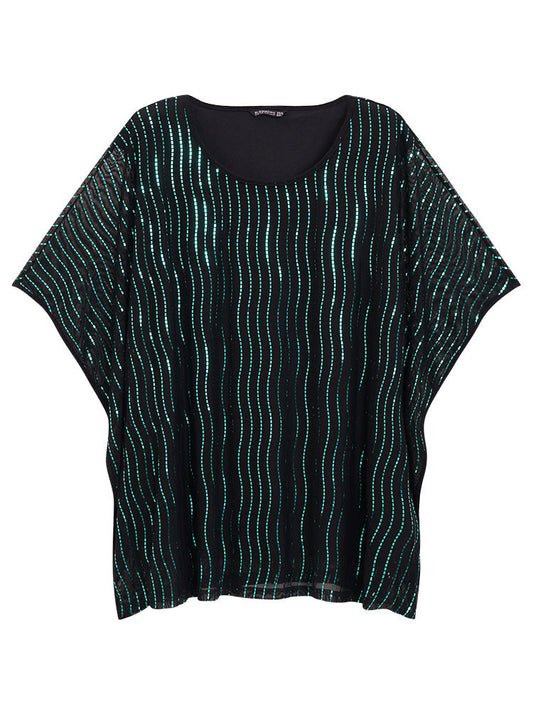 Glitter Striped Mesh Batwing Sleeve Blouse