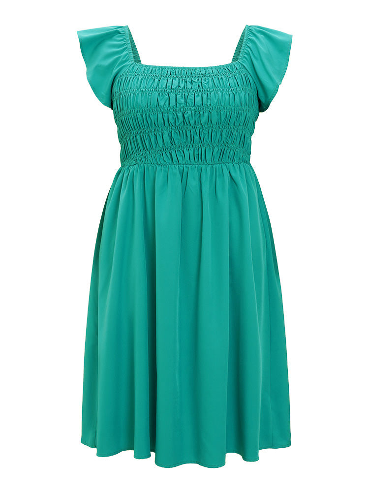 Plain Shirred Square Neck Pocket Cap Sleeve Dress