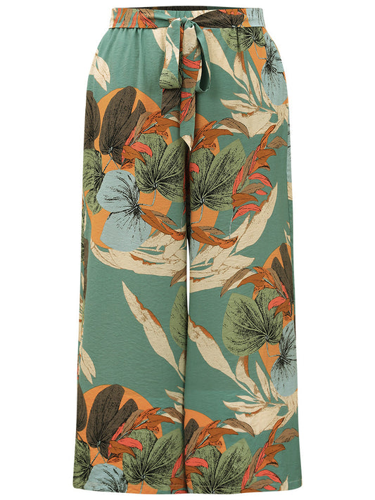 Plants Print Elastic Waist Ties Pants