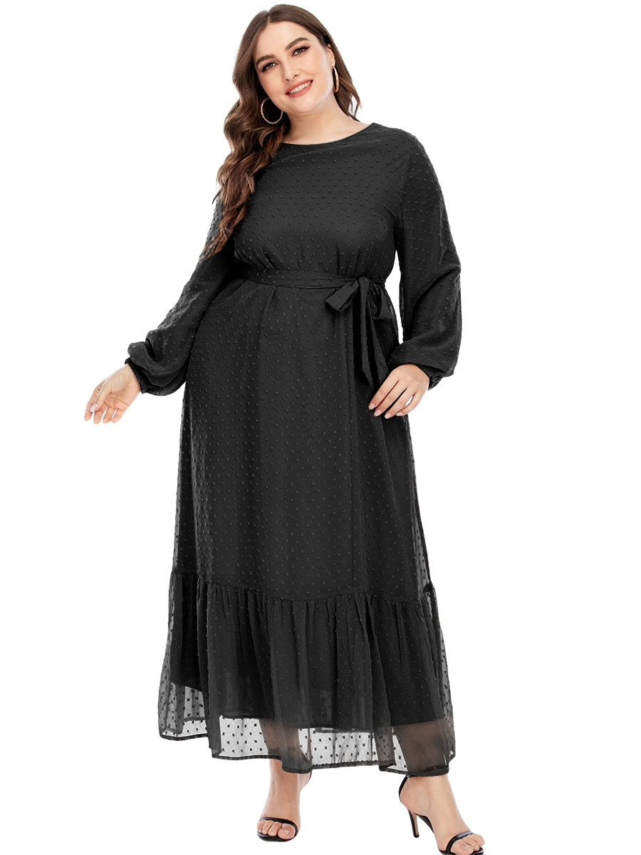 Dot Mesh Belt Round Neck Maxi Dress