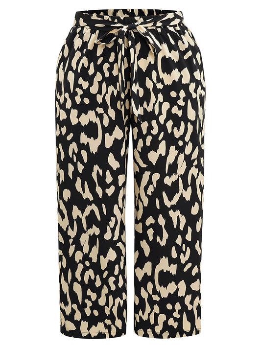 Leopard Elastic Waist Ties Wide Leg Pants