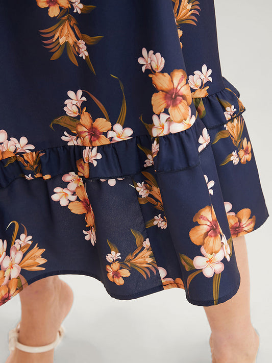 Floral Print V Neck Pocket Shirred Ruffles Midi Dress