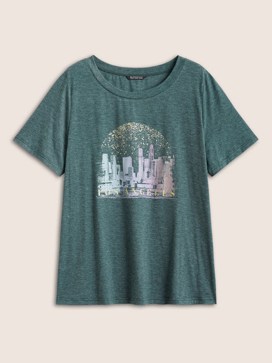 Solid Heather City Print Crew Neck T-shirt