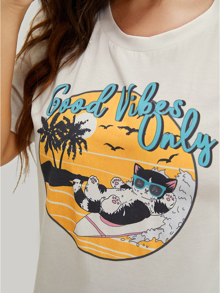 Cat & Letter Print Crew Neck Graphic Tee