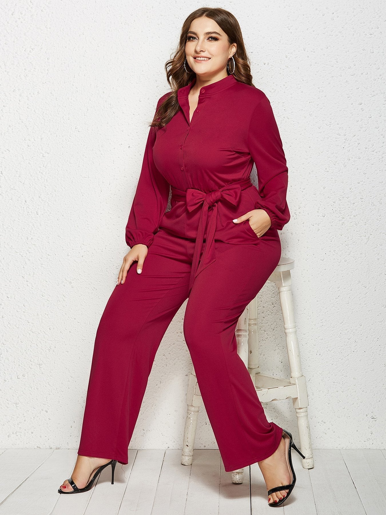 Solid Color Belt Lantern Sleeve Jumpsuits