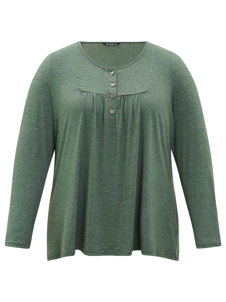 Solid Button Up Gathered Ruffle Hem T-shirt