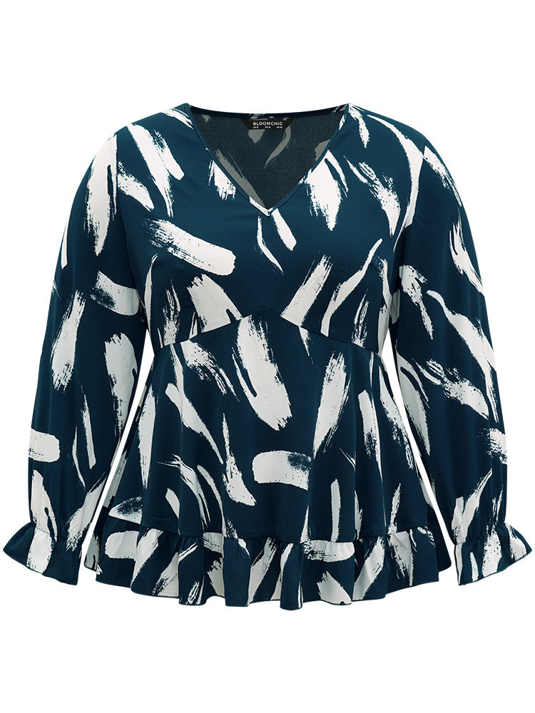 Brush Print Elastic Waist V Neck Ruffles Blouse