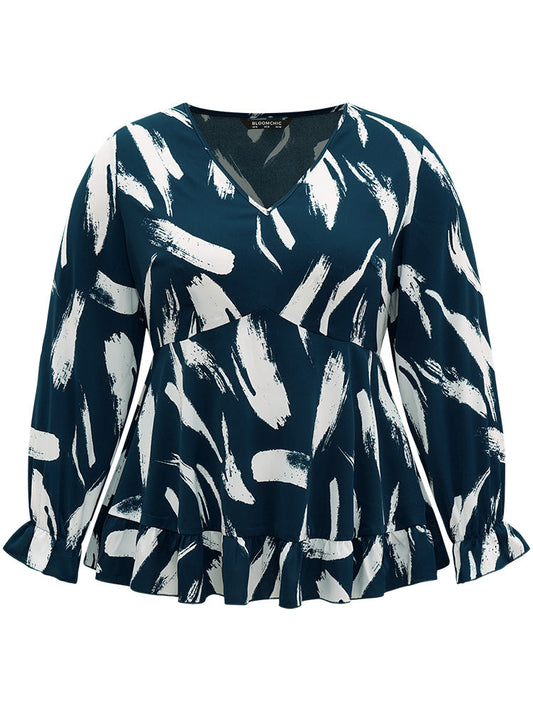 Brush Print Elastic Waist V Neck Ruffles Blouse